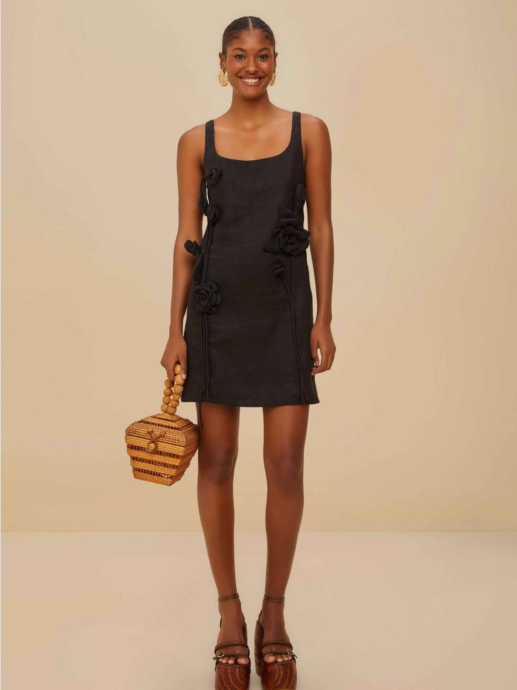 Farm Rio Black Floral Appliqu Mini Dress
